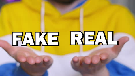 fake real choice text appearing on male hands and tracking with up and down movement. visual illustration of two options and weighing up decision with pros and cons.
