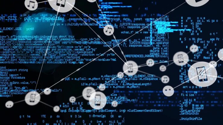 Digital netværksforbindelse med smartphone-ikoner og streamingdata