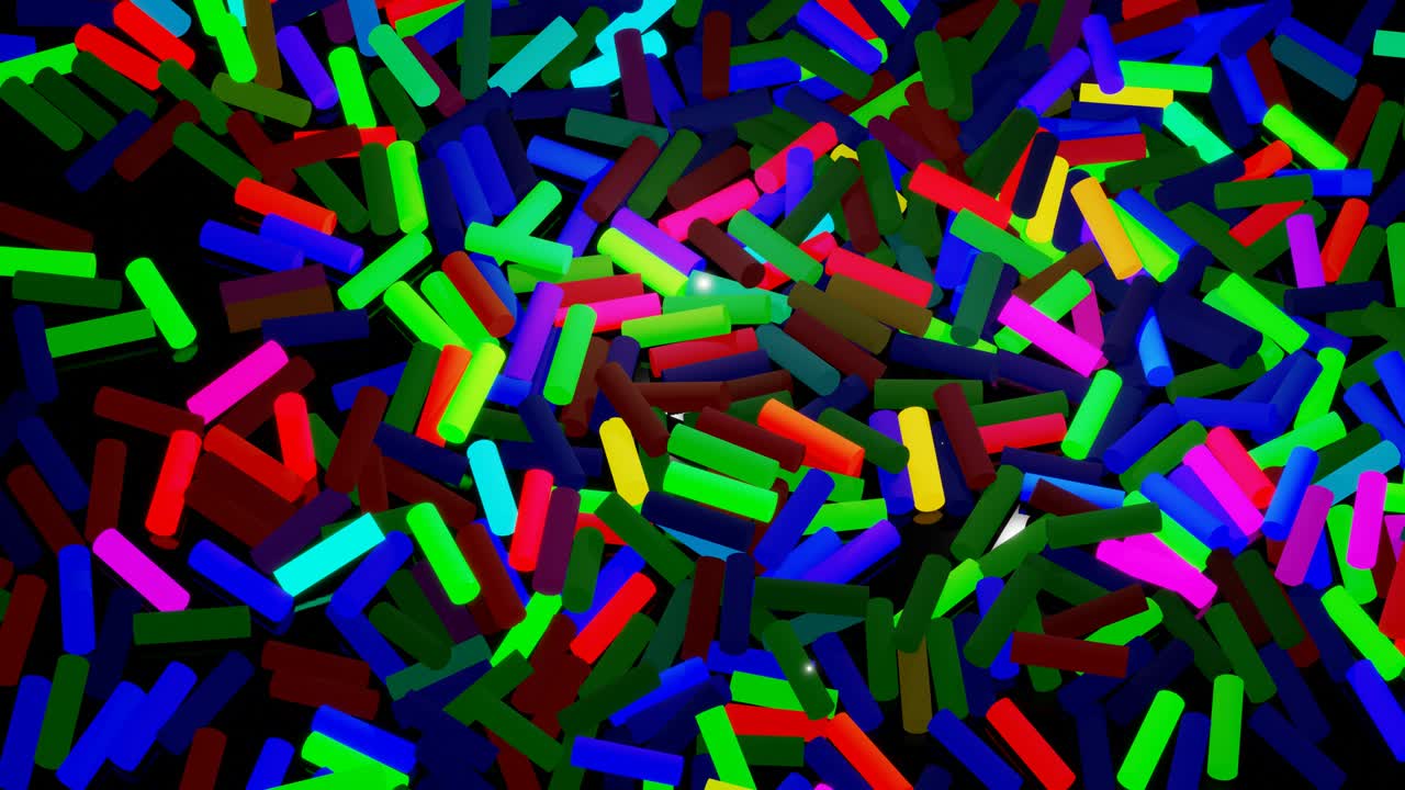 Sfondo astratto 3D in loop con molti rettangoli grigi che giacciono su un piano e si illuminano. Le lampadine iniziano a brillare formando un motivo come una ghirlanda natalizia astratta. Onde multicolori scorrono attraverso bastoncini.