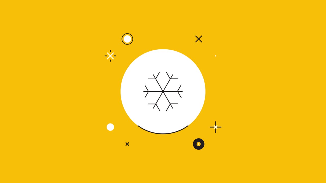 Icona a fiocco di neve in un cerchio bianco con una linea dinamica nera su uno sfondo giallo. Simbolo dinamico in loop continuo che ruota al centro