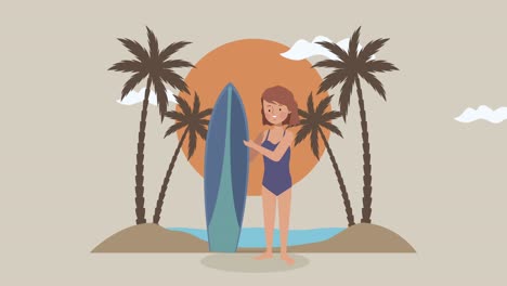 una joven surfista con una tabla de surf azul