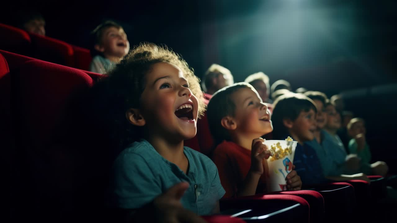 Children in a theater, captured from a side angle, joyfully watching a video