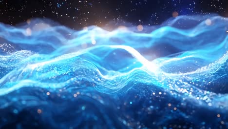 The image is a blue and orange wave with a lot of sparkles. The blue color is dominant and the orange color is scattered throughout the wave. The sparkles add a sense of movement