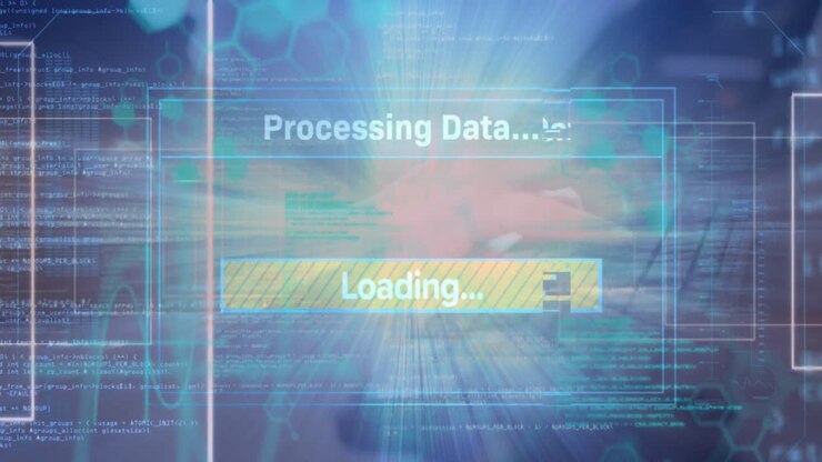 Animasjon av grensesnitt med databehandling og lyspunkt mot blå bakgrunn.