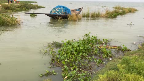 in the distance, a large group of people are visible, and a traditional blue wooden fishing boat is immobilized on the water by grass in bengal