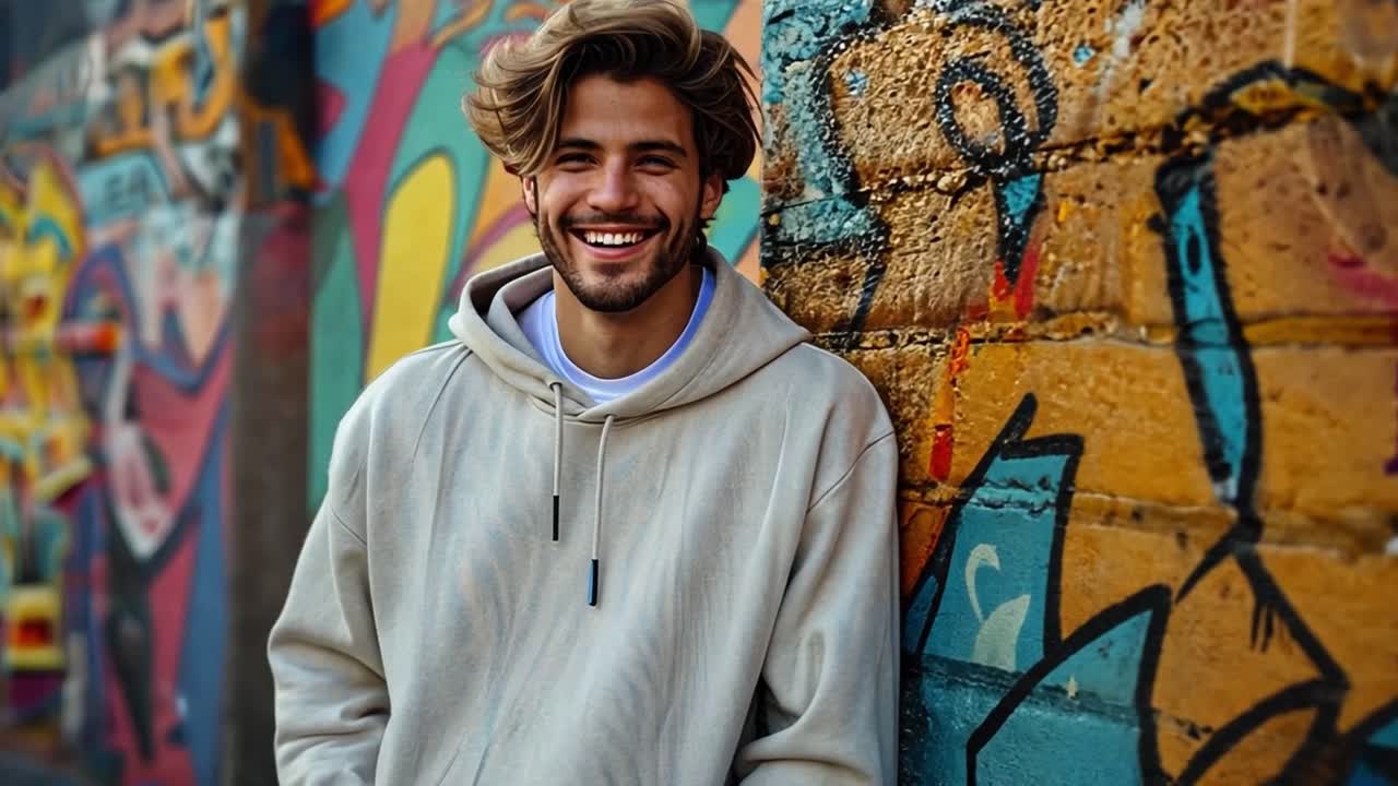 Giovane uomo sorridente appoggiato a un muro con graffiti colorati
