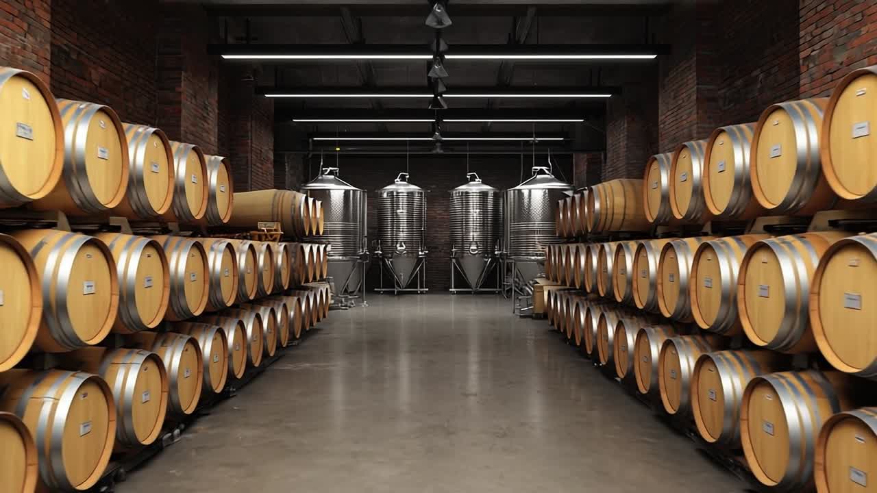 Winery interior with barrels. Inside a winery, wooden barrels line up next to stainless steel tanks in a sleek, modern space.