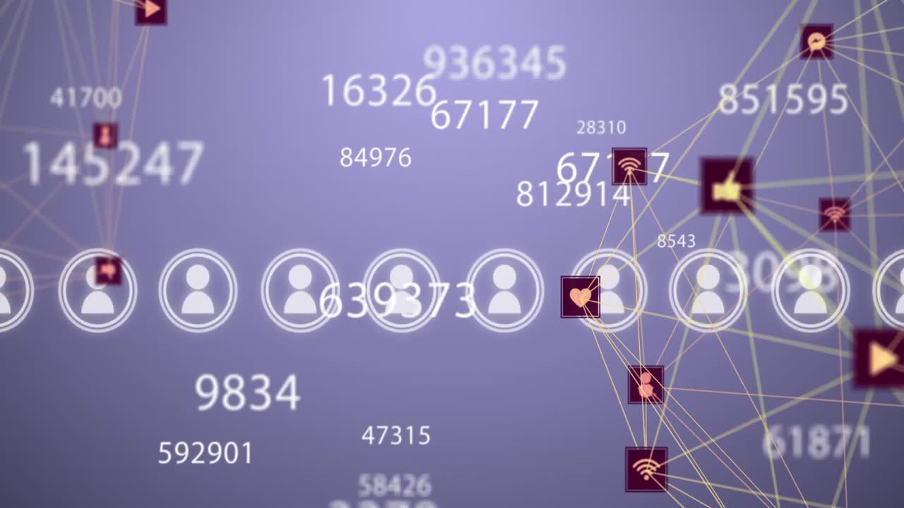 Animation of changing numbers, profile icons, spinning globes of digital icons on purple background