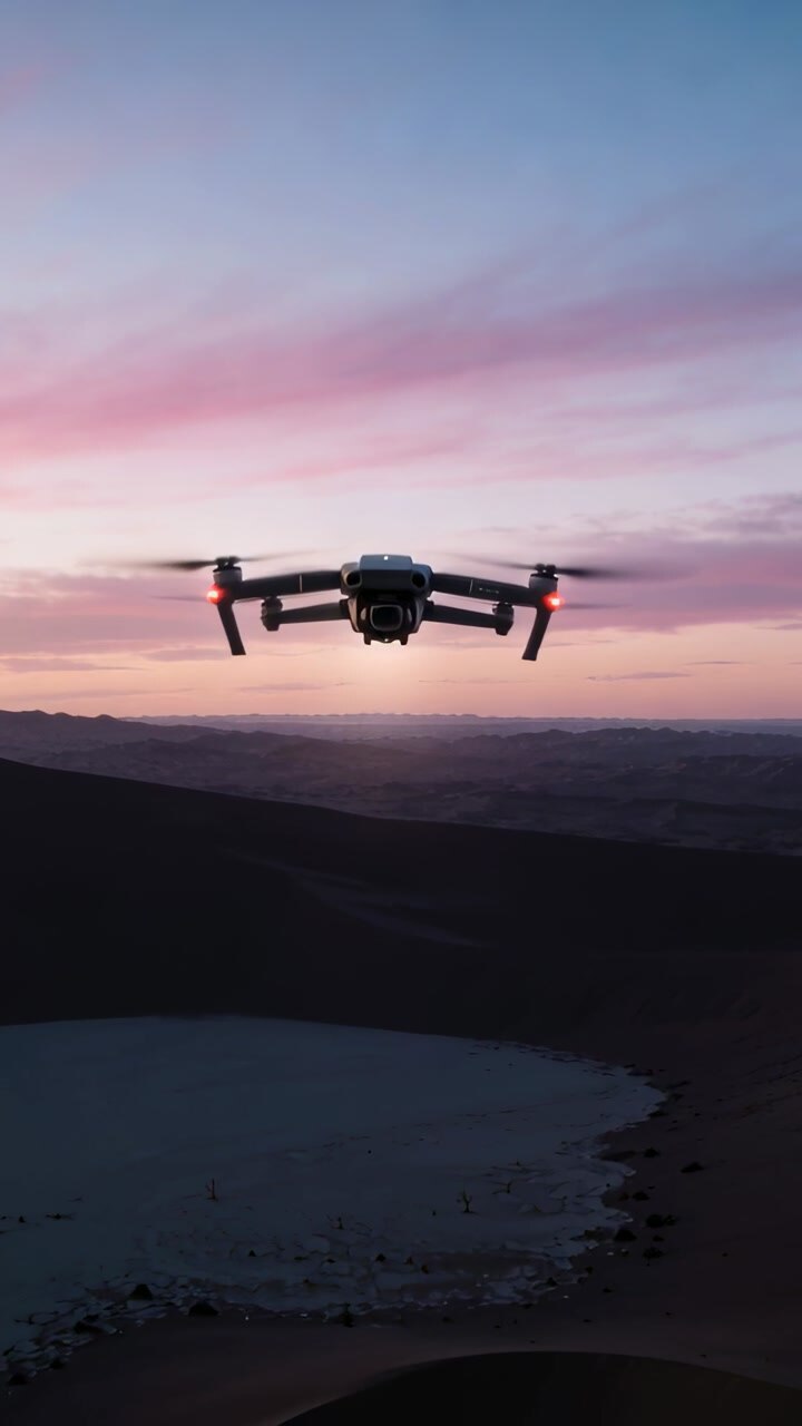Vertical video: Rotors spinning, drone approaching camera and lowering over basin, showing red LEDs