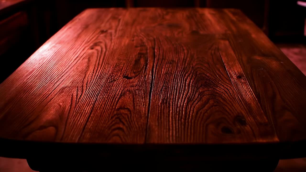 Telecamera che avanza scorrendo, abbassandosi e rivelando un tavolo di legno lucido in una calda stanza rossa, nodo centrale