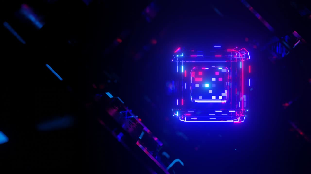 objeto o estructura 3d gira y se mueve dentro de un túnel de espejo de vidrio con luz de neón, reflejos brillantes. cubo. fantástico resumen bg en 4k. vj bucle para mostrar. sci fi bg volar a través del túnel de alta tecnología