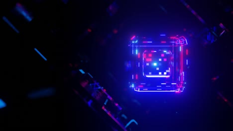 objeto o estructura 3d gira y se mueve dentro de un túnel de espejo de vidrio con luz de neón, reflejos brillantes. cubo. fantástico resumen bg en 4k. vj bucle para mostrar. sci fi bg volar a través del túnel de alta tecnología