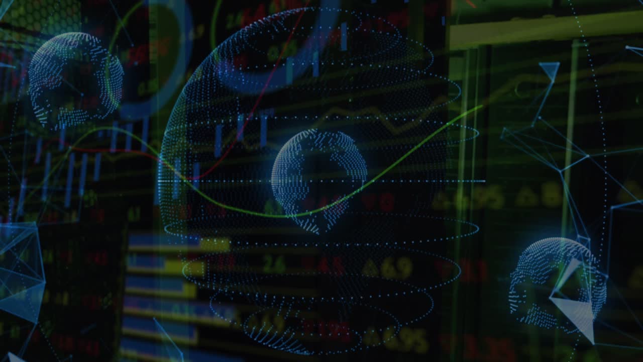 Animation of data processing and globe over server room