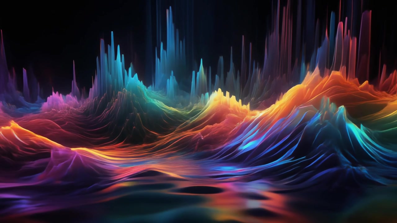 Paesaggio digitale astratto con onde di luce vibranti e fluide