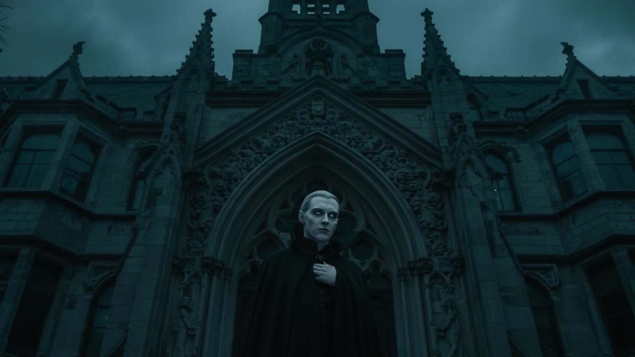 A Mysterious Figure in Dark Attire Stands Before an Elaborate Gothic Building, Illuminated by Ominous Clouds and Shadows Creating an Enigmatic Atmosphere