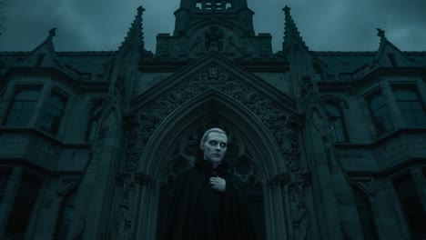 a mysterious figure in dark attire stands before an elaborate gothic building, illuminated by ominous clouds and shadows creating an enigmatic atmosphere