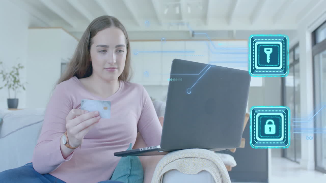 animación de candados e iconos de llaves y datos sobre mujeres caucásicas que pagan en línea con tarjeta