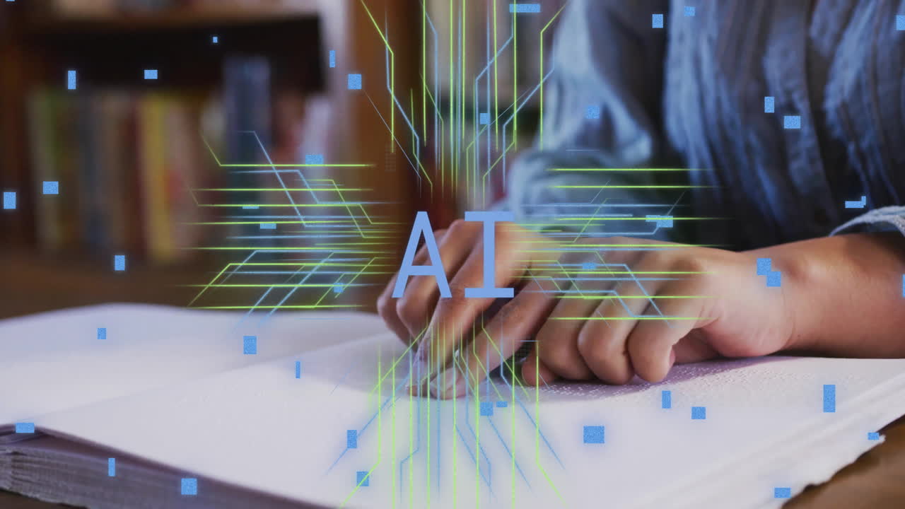 animación de un texto, cerebro y datos sobre una estudiante biracial con un libro