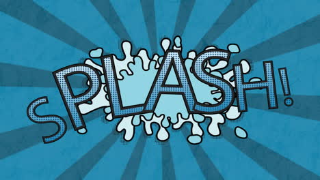 animation of vintage comic cartoon speech bubble with splash! text on blue striped background