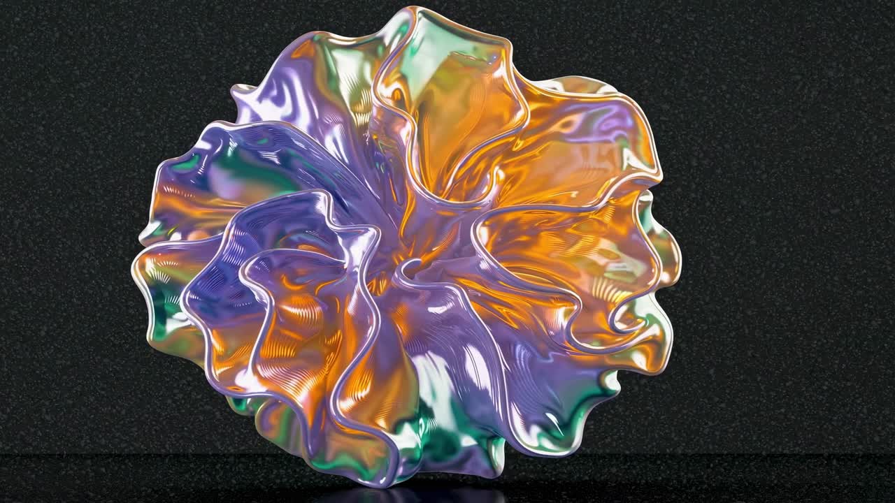 Mesmerizing abstract elegance unfolds as a vibrant metallic flower blooms, showcasing a captivating interplay of iridescent colors and fluid metallic textures against a dark, textured backdrop