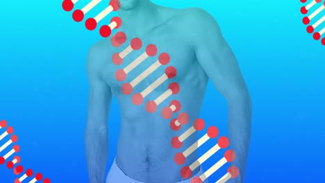 Animation-of-3d-dna-strands-spinning-over-white-midsection-of-naked-man