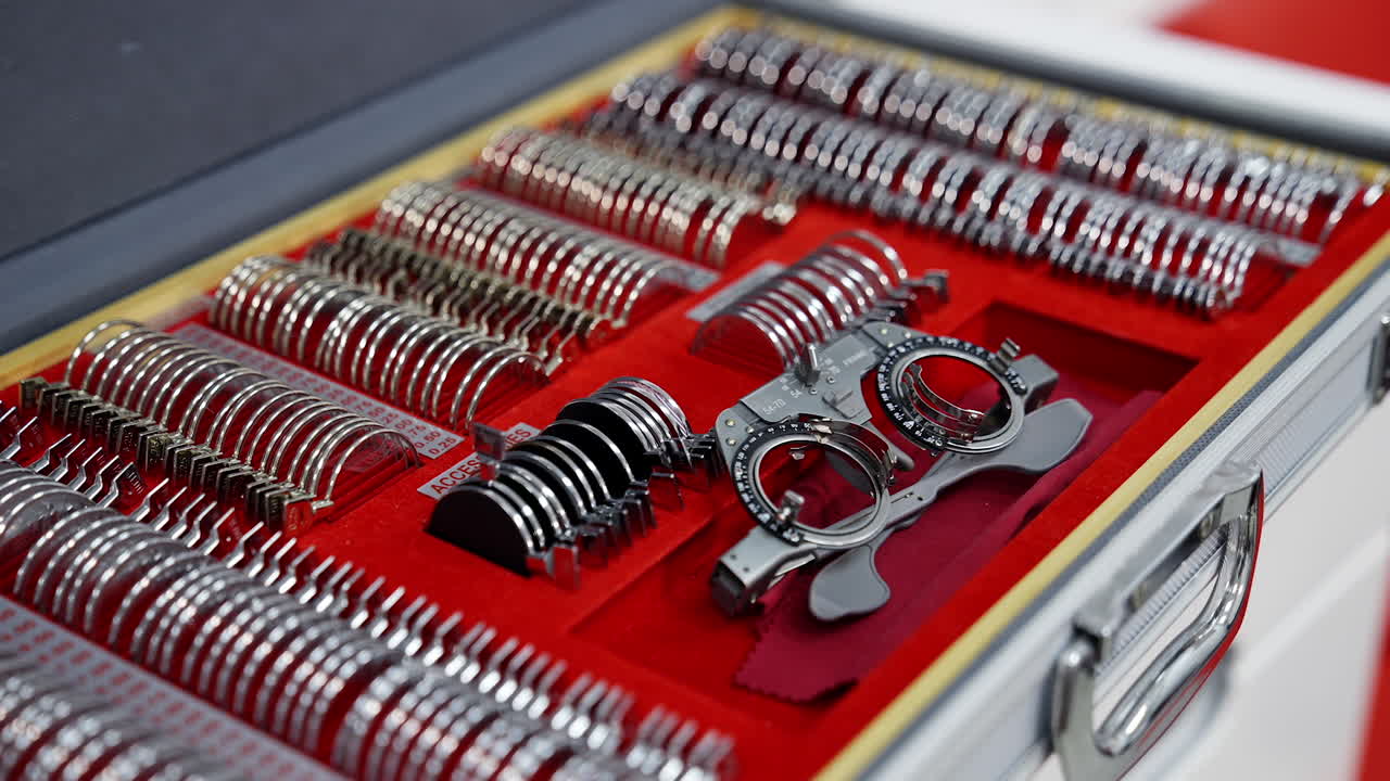 Set of different lenses in the case. Ophthalmologist's box with lenses for trial frame. Medical tools for spectacles. Close-up.