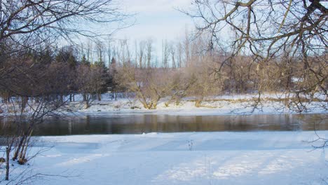 wide static shot of a frozen river surrounded by snow covered trees in canada's north