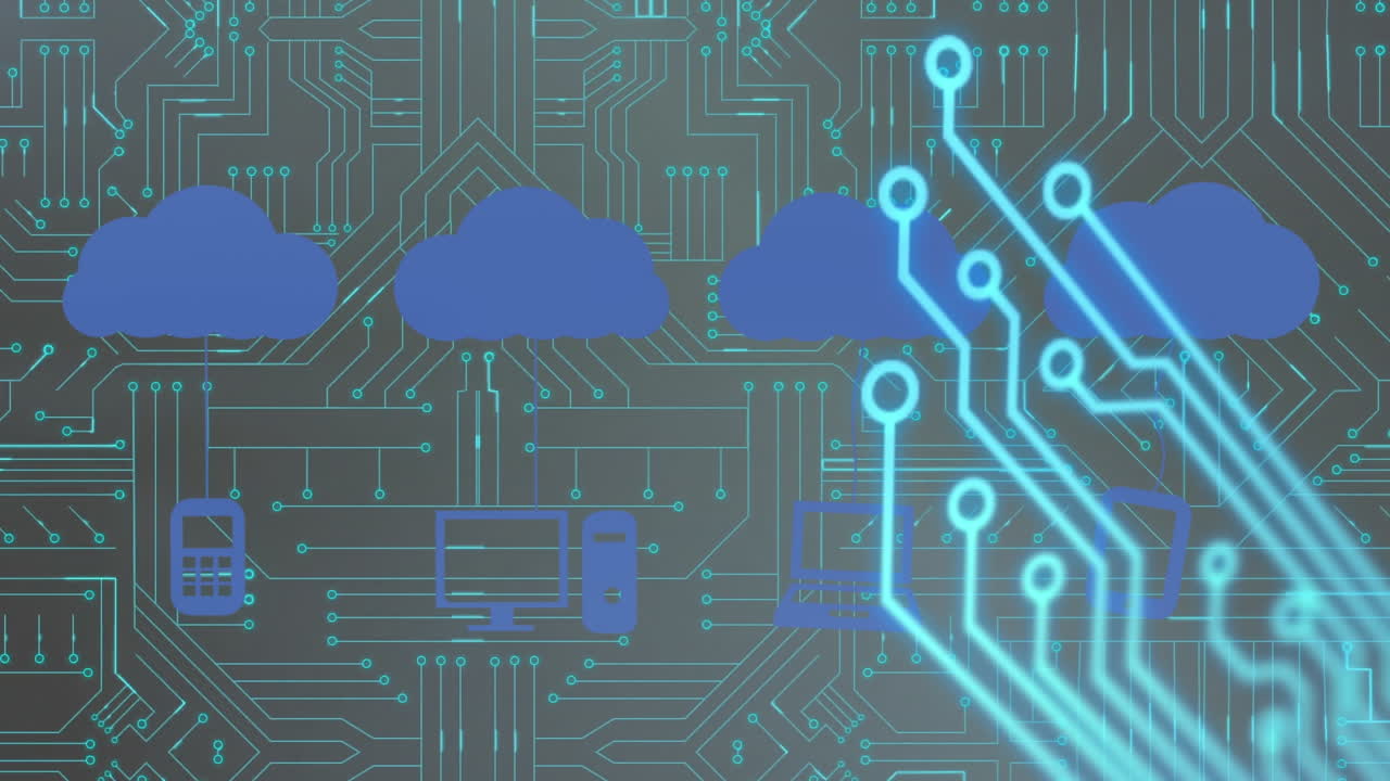 animación de nubes, iconos de computadora sobre un circuito integrado