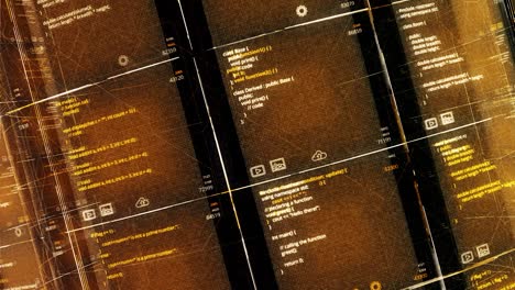 abstract cyberspace texture with moving algorithm. animation. virtual background for futuristic orange interface of a complex computer program or software, seamless loop