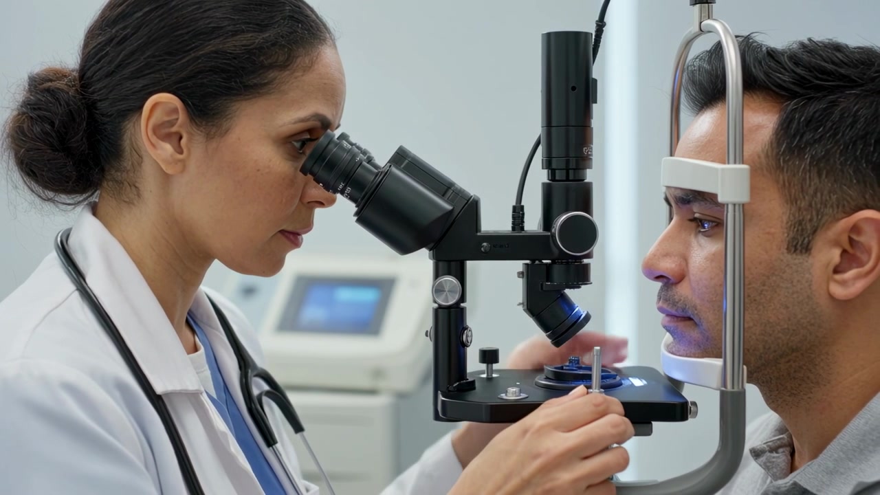 Positioning patient female doctor lab coat stethoscope aligning slit lamp inspecting eye in clinic