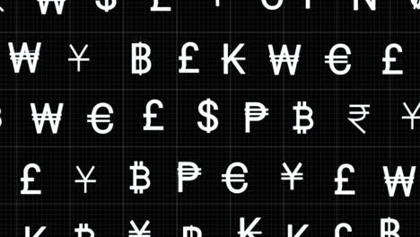 Animation-of-rows-of-currency-signs-moving-on-black-background