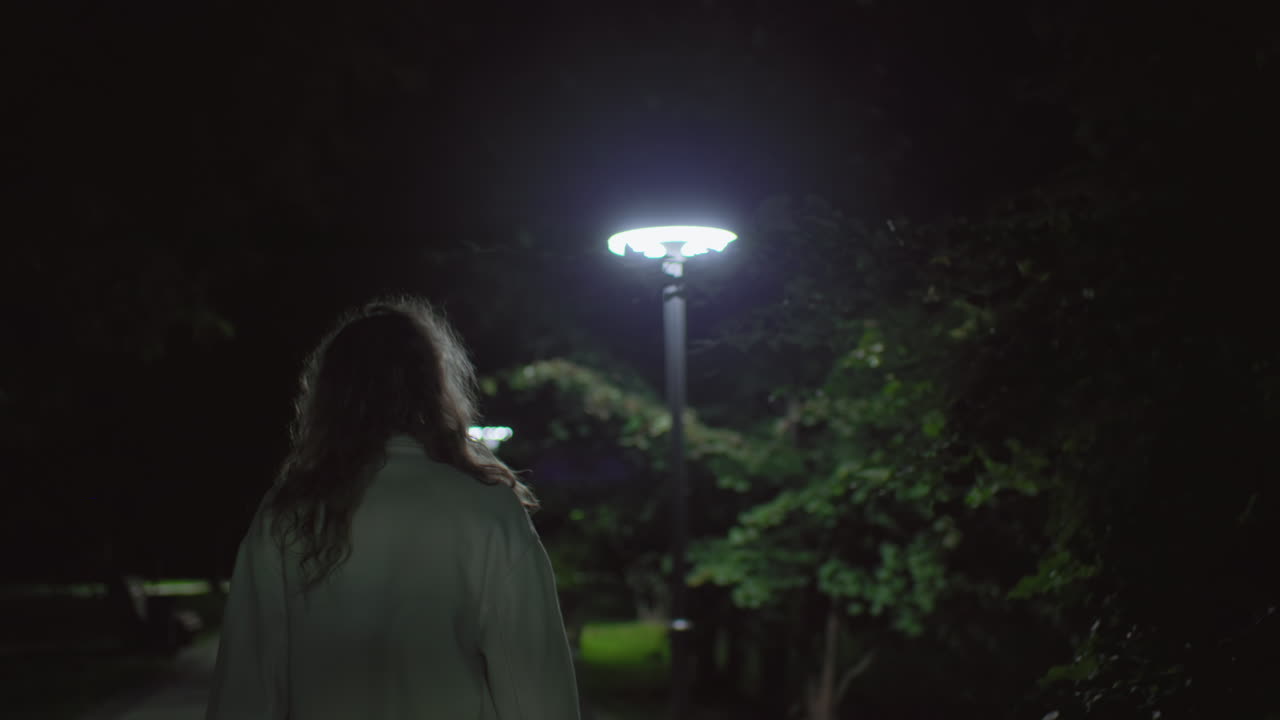 Rear view woman walking in open park at night under bright lamp glow, curly hair gently illuminated, trees forming quiet backdrop, calm ambiance enveloping path