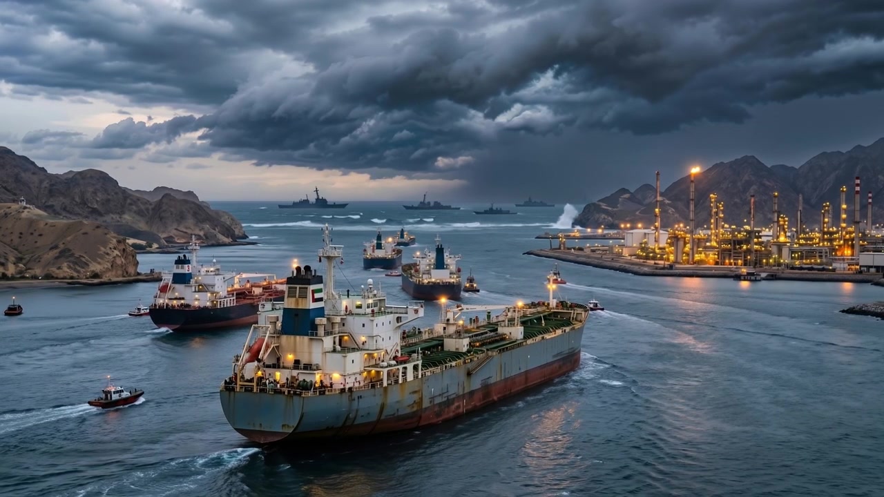 A massive cargo ship enters a bustling industrial harbor surrounded by mountainous terrain under a cloudy sky