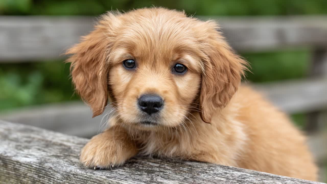 Un adorabile cucciolo di Golden Retriever con pelo morbido e occhi innocenti che riposa su una staccionata di legno, immortalato in due fotogrammi per un momento sincero e commovente