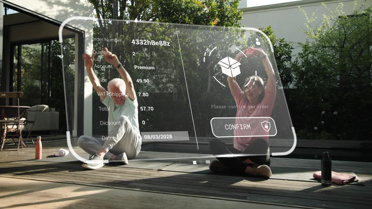 Man starting seated stretch and woman mirroring on deck for health, AR ordering overlaying CONFIRM