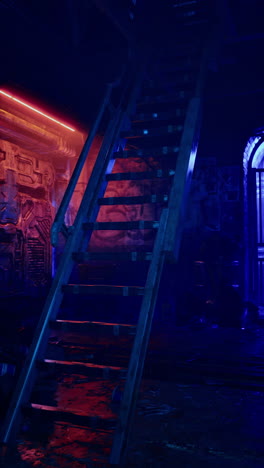 a dark, industrial staircase with neon lights