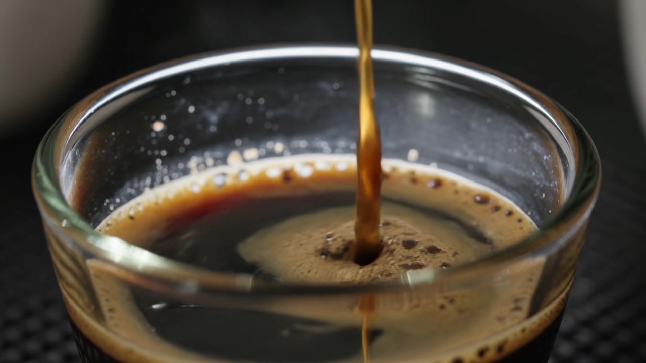 Un sottile getto di caffè espresso inizia a riempire una tazzina di vetro trasparente su un tappetino raccogligocce scuro, formando la crema.