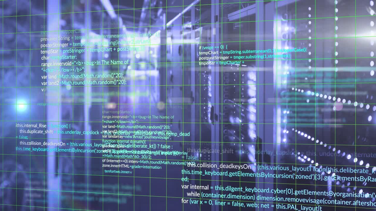 Animation of programming languages and grid moving over data server rooms