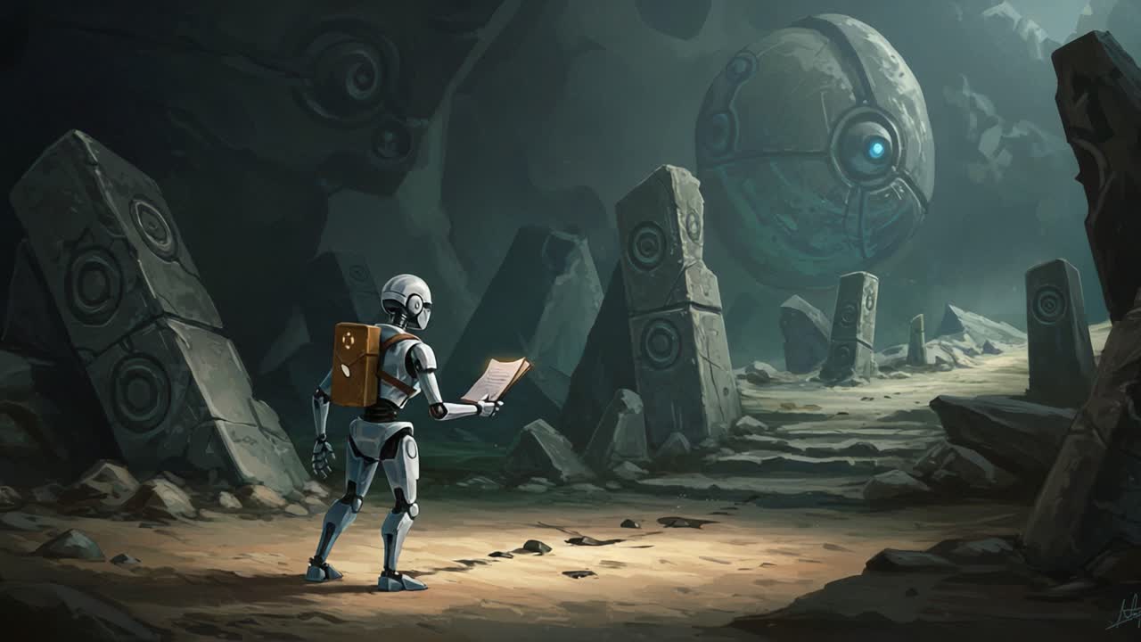 An Exploratory Robot Discovers Ancient Ruins and Mysterious Orbs in a Dimly Lit Cave Environment, Capturing the Essence of Adventure and Curiosity