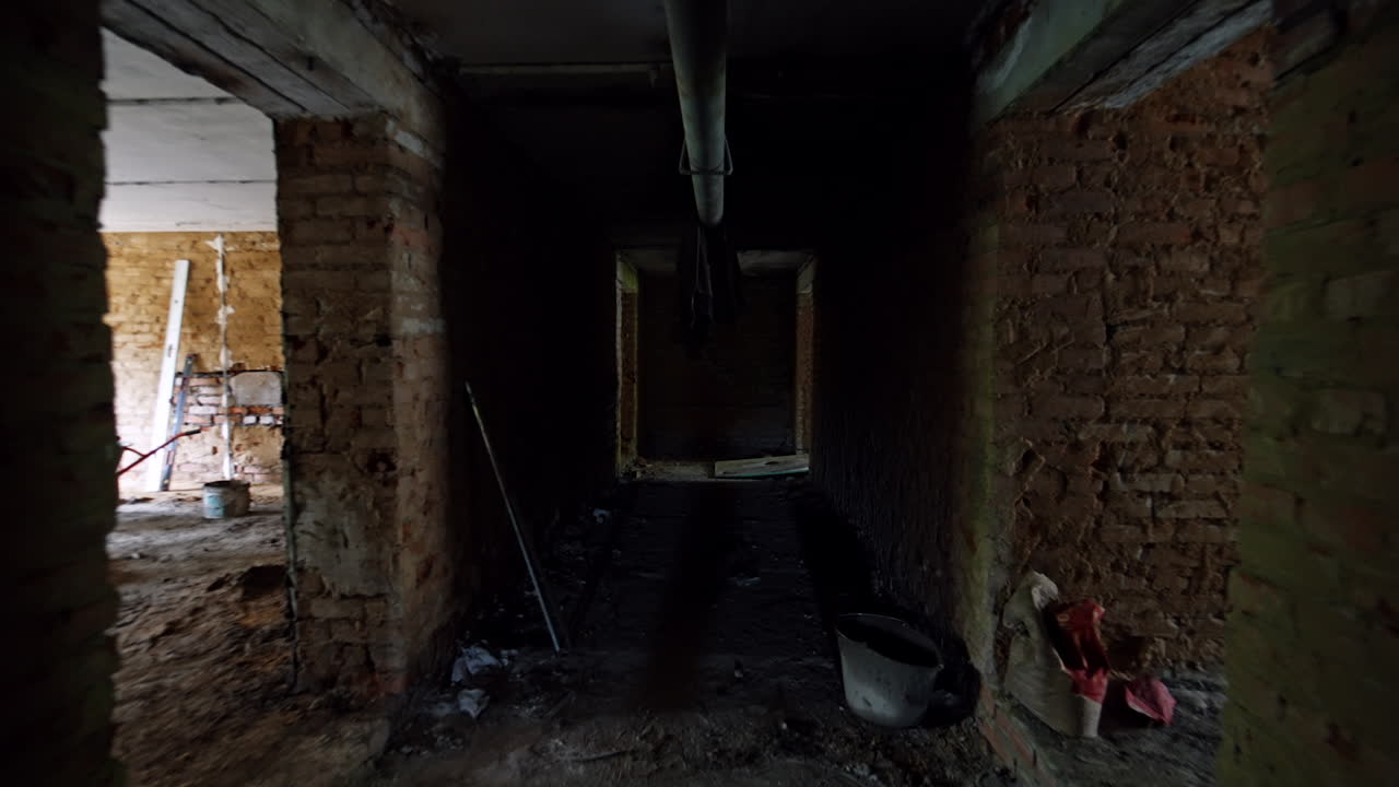 Moving by the dark corridor of the house being renovated. Reconstruction of an old building in progress.