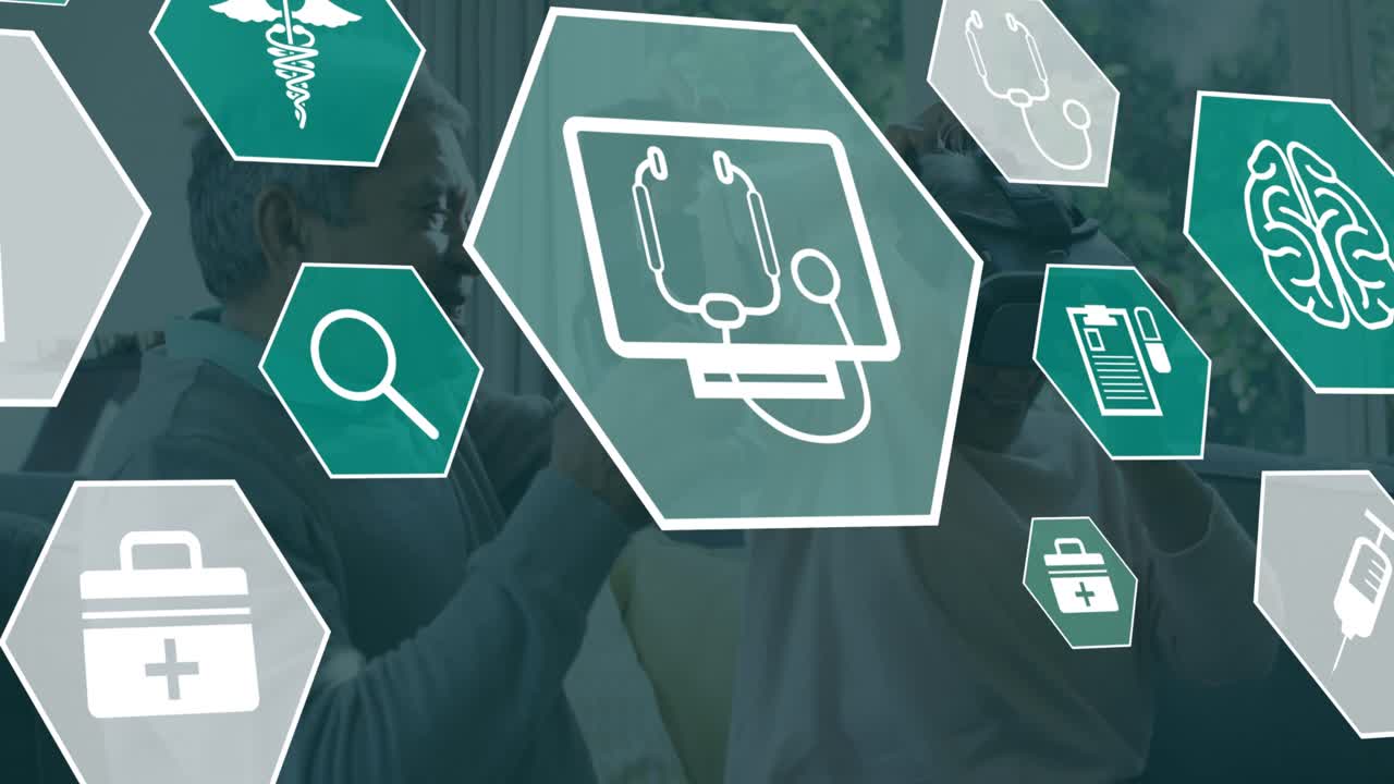 Animazione di icone mediche su una coppia anziana che usa un visore VR.