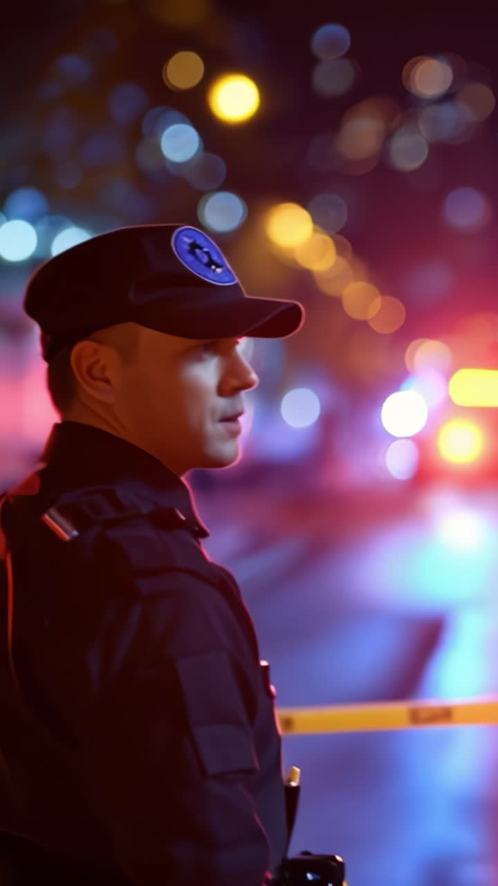 Ein konzentrierter Polizeibeamter beobachtet eine lebhafte Nachtszene mit dramatischer Beleuchtung, die die Spannung zwischen Sicherheit und Chaos in städtischen Umgebungen hervorhebt.