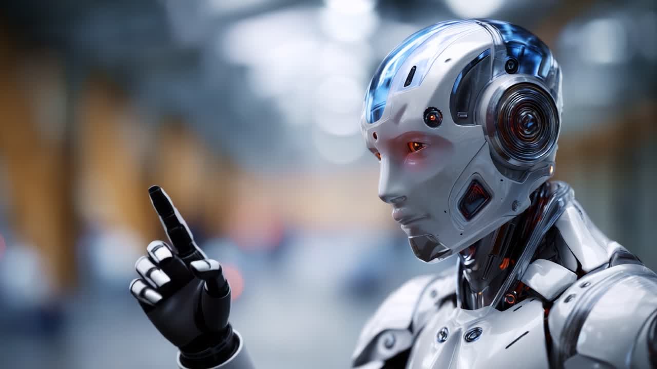 Un personaggio robot umanoide futuristico che mette in mostra design e tecnologia avanzati, enfatizzando l'intelligenza artificiale in un ambiente moderno, fondendo funzionalità ed estetica