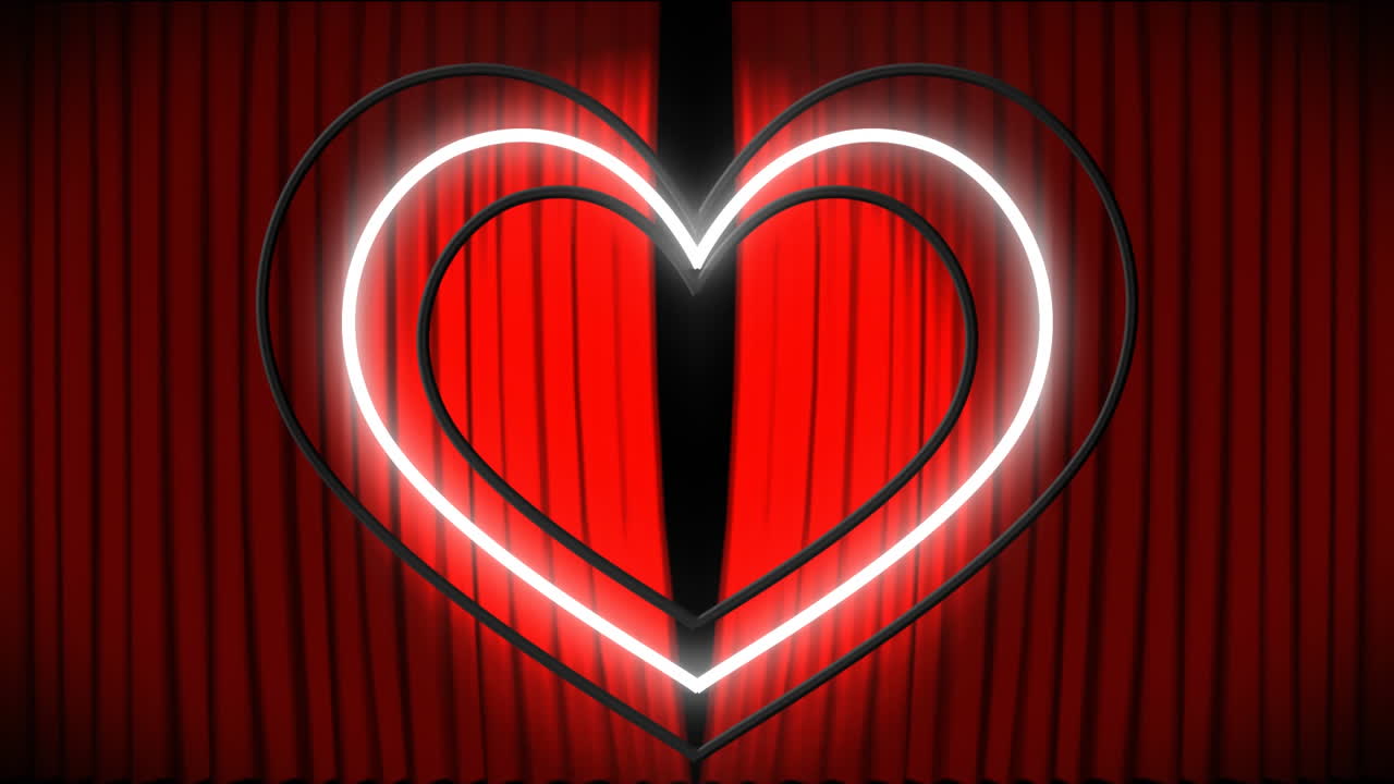 Animazione di cuori al neon concentrici gialli e bianchi lampeggianti su tende rosse che si aprono