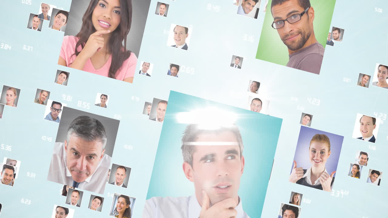 цифровая анимация нескольких значков профиля, движущихся на синем фоне