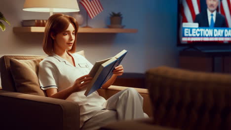 woman reading book on election day