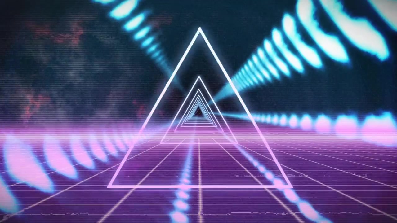 Retro Synthwave Style Tunnel with Glowing Neon Triangles