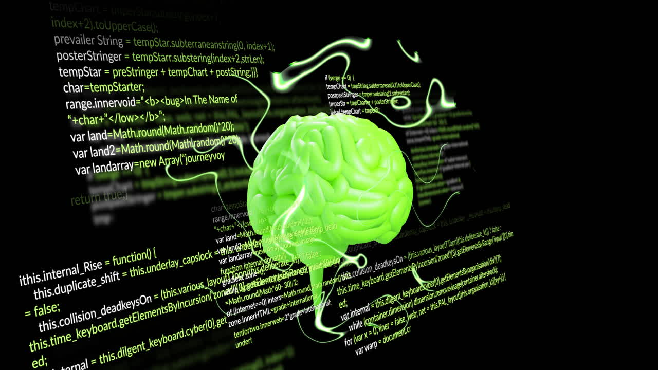 검은 바탕 위에서 인간의 뇌와 데이터 처리의 애니메이션