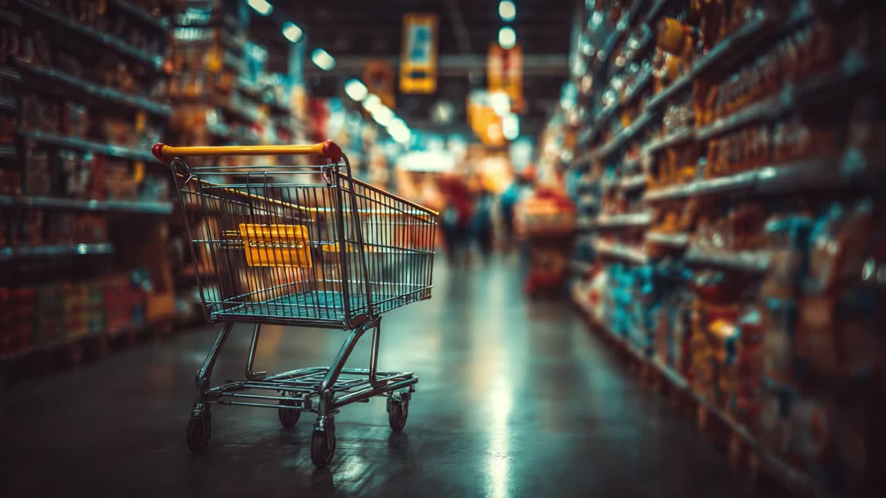 Um carrinho de compras solitário em um corredor rodeado por produtos de supermercado coloridos ilustra a experiência cotidiana de fazer compras no supermercado