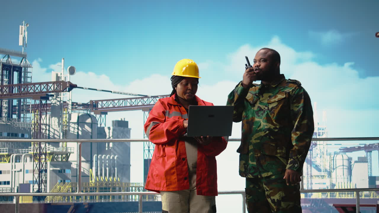 Vertical video Soldier on offshore platform transmitting security report with walkie talkie